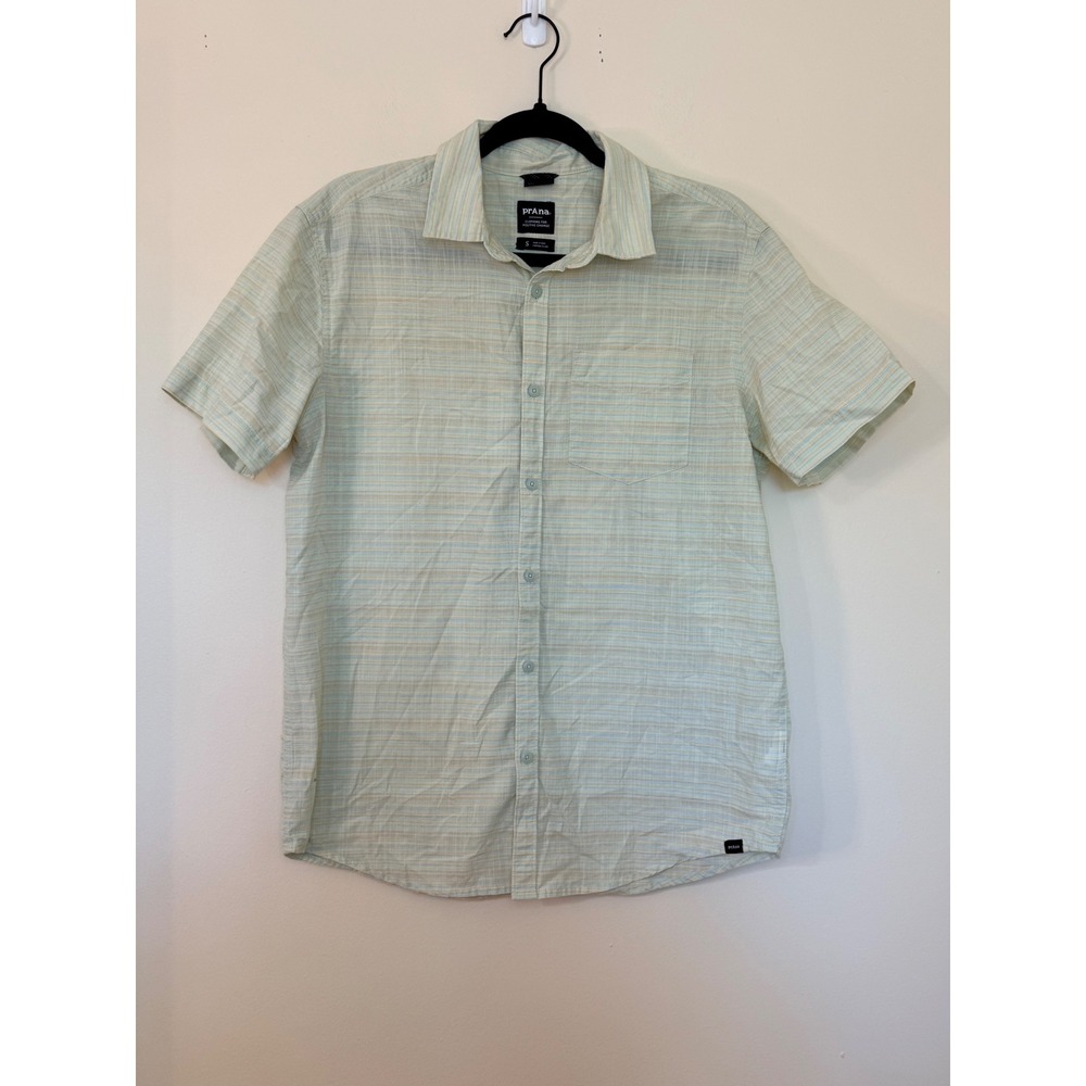 Prana Mens Small Short Sleeve Button Down Shirt Striped Organic Cotton Blend